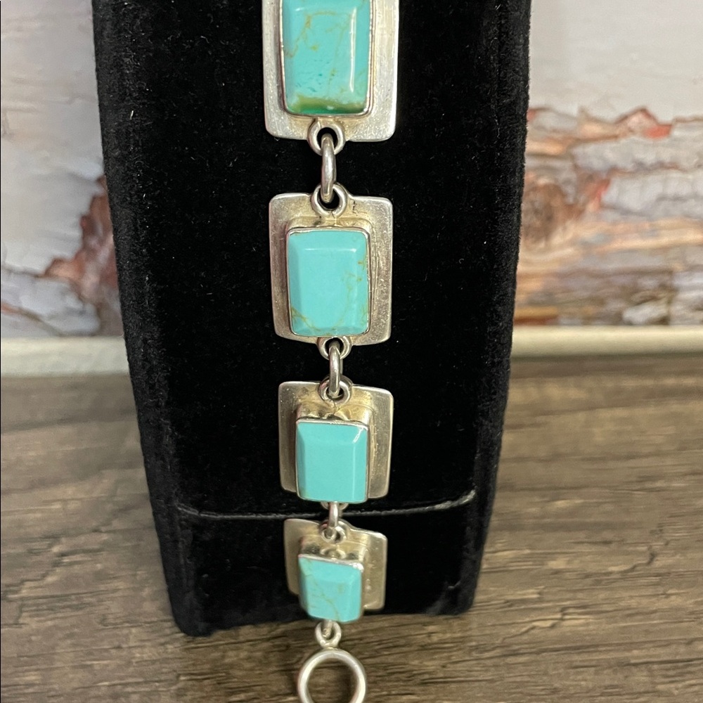Sterling silver (925) Faux Turquoise Stone Linked Bracelet. - Picture 3 of 8